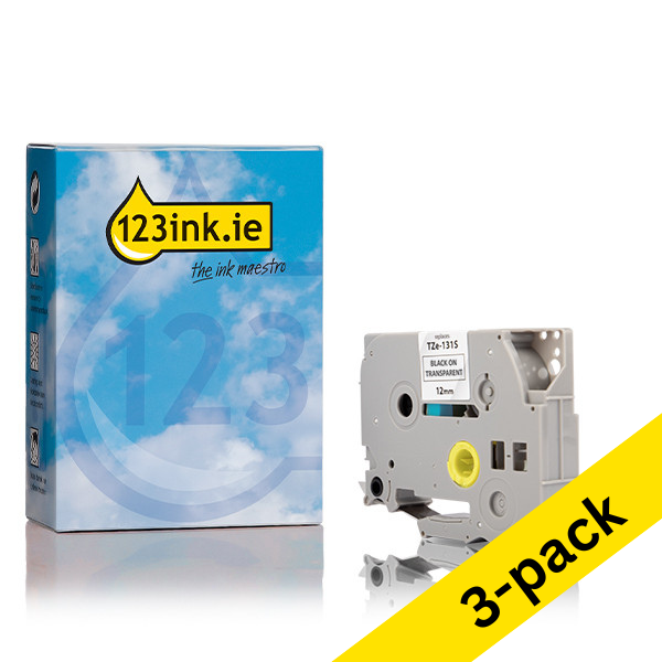 Η έκδοση 123ink αντικαθιστά την Ταινία Brother TZe-131S 4m x 12mm Black on Clear 3-pack TZE-131SC 080990 - 1