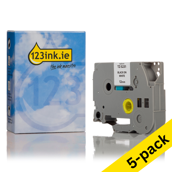 Η έκδοση 123ink αντικαθιστά τη Ταινία Brother TZe-S231 Extra Adhesive 8m x 12mm  Black on White 5-pack TZeS231C 650623 - 1