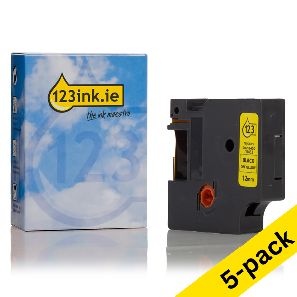 Συμβατή Ταινία Dymo S0718450 / 18432 IND Rhino Vinyl 5,5m x 12mm Black on Yellow (123ink) 5-pack 650584 - 1