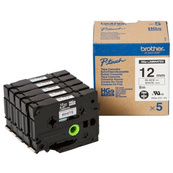 Brother HGe-231V5 υψηλής ανάλυσης μαύρο σε λευκή ταινία 12mm, 5-συσκευασία (πρωτότυπο Brother) HGe231V5 080912 - 1