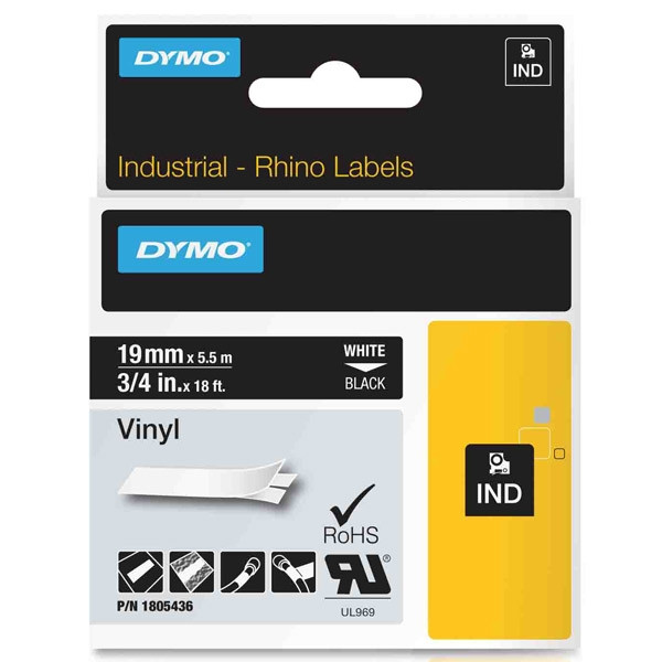 Ταινία Dymo 1805436 IND Rhino Vinyl White on Black 5.5m x 19mm 088636 - 1