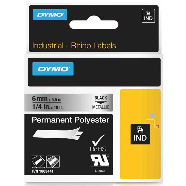 Ταινία Dymo 1805441 IND Rhino  Permanent Polyester Βlack on Metallic 5.5m x 6mm 088684 - 1