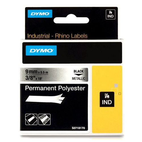 Ταινία Dymo 18485 IND Rhino Permanent Polyester Βlack on Metallic 5.5m x 9mm 088686 - 1