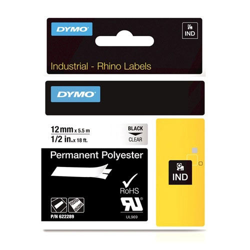 Ταινία Dymo 622289 IND Rhino  Permanent Polyester Βlack on Transparent 5.5m x 12mm 088678 - 1