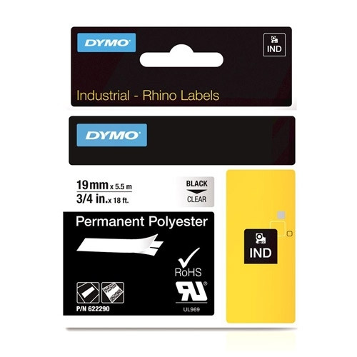 Ταινία Dymo 622290 IND Rhino Permanent Polyester Βlack on Transparent 5.5m x 19mm 088680 - 1