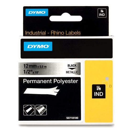 Ταινία Dymo S0718180 / 18486 IND Rhino Permanent Polyester Βlack on Metallic 5.5m x 12 mm 088688 - 1