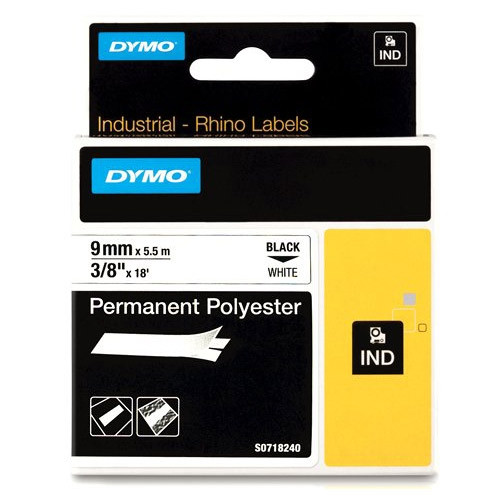 Ταινία Dymo S0718240 / 18482 IND Rhino Permanent Polyester Βlack on White 5.5m x 9mm 088666 - 1