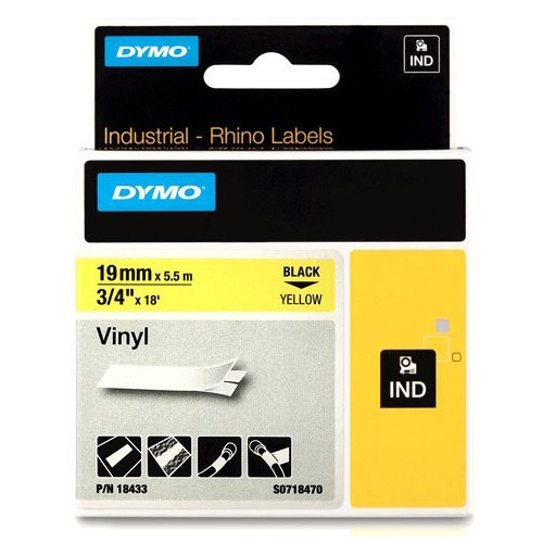 Ταινία Dymo S0718470 / 18433 IND Rhino Vinyl Black on Yellow 5.5m x 19 mm 088610 - 1