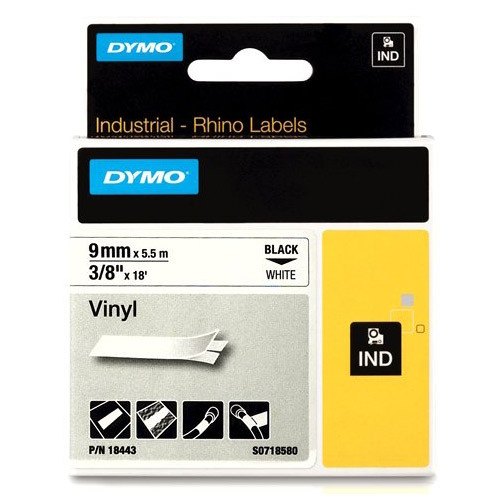 Ταινία Dymo S0718580 / 18443 IND Rhino Vinyl Βlack on White 5.5m x 9 mm 088600 - 1