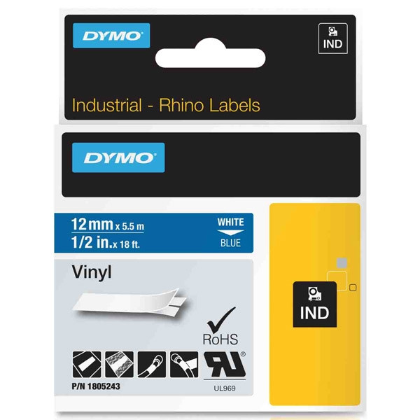 Dymo 1805243 IND Rhino white σε μπλε ταινία βινυλίου, 12mm (πρωτότυπο Dymo) 1805243 088646 - 1