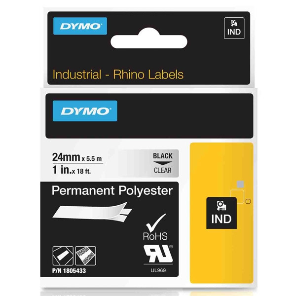Dymo 1805433 IND Rhino black σε διαφανή μόνιμη πολυεστερική ταινία, 24mm (πρωτότυπο Dymo) 1805433 088682 - 1