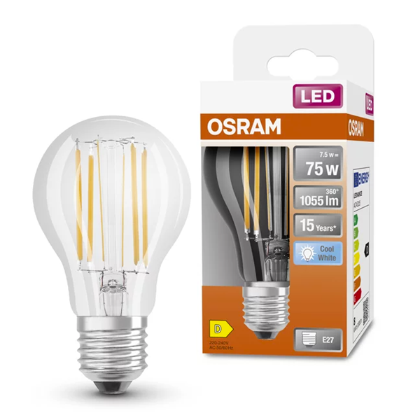 Λάμπα LED Osram E27 A60 Filament 4000K 7.5W Neutral White (75W) LOS00082 - 1